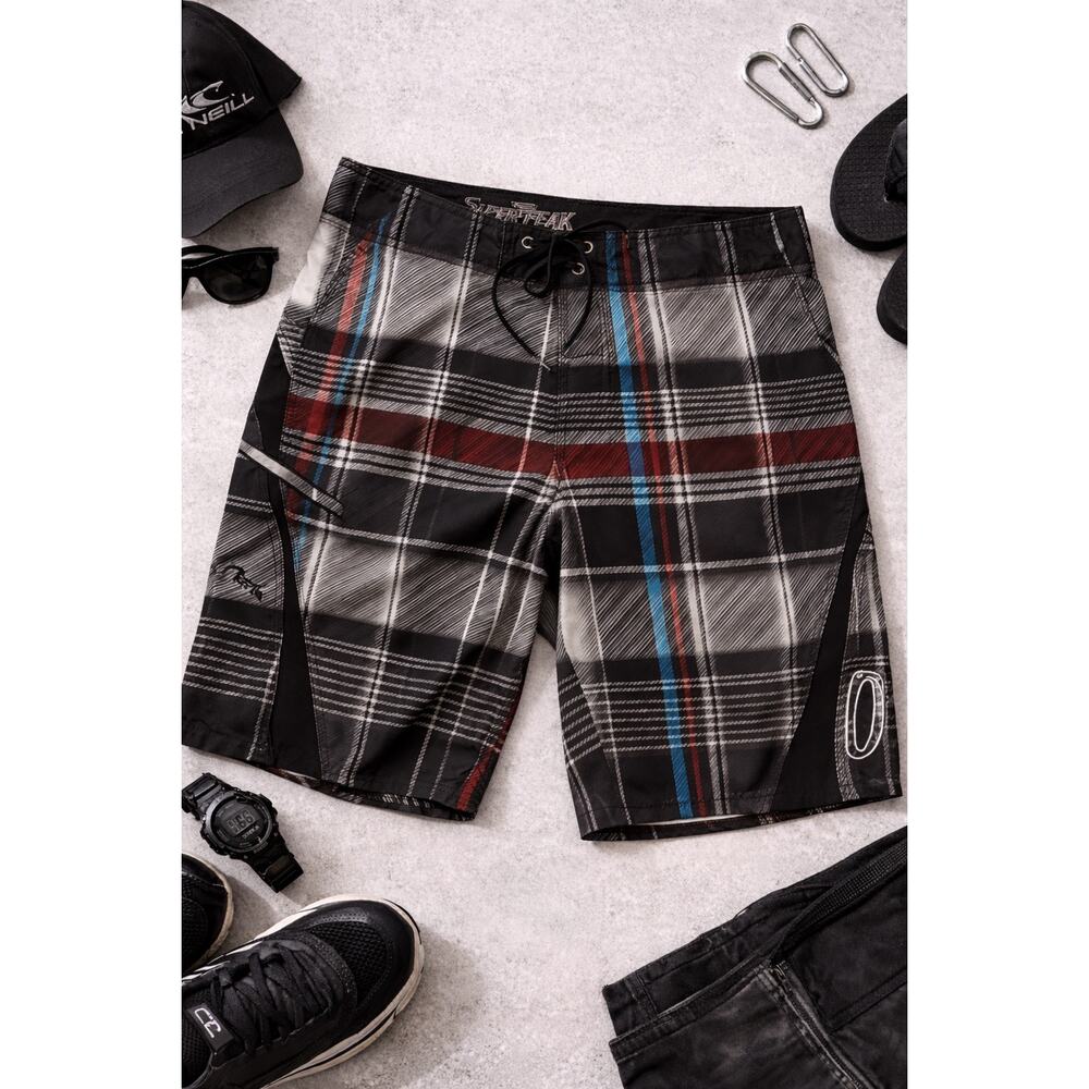 O’Neill Superfreak Board Shorts Plaid Black Red Blue Size 34 Surf Swim